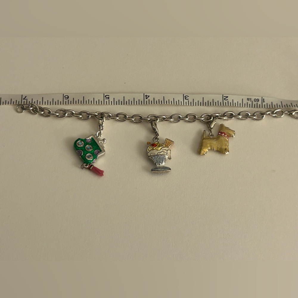 Charm Bracelet: enamel Scottie Dog, Purse w tassel, Ice Cream Sundae, 7”, clasp - Picture 8 of 8